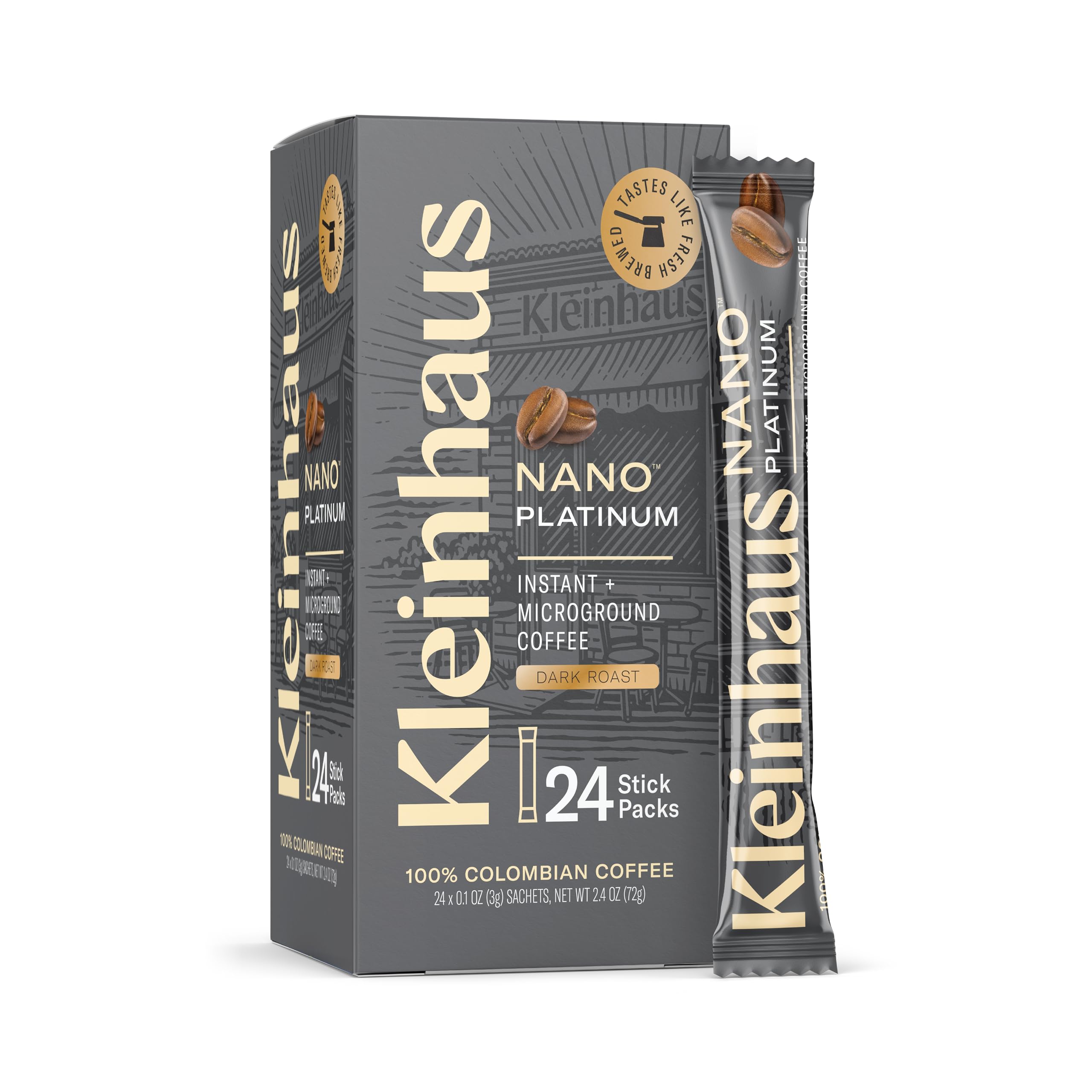Kleinhaus Organic Medium Roast Nano Single-Serve Instant Coffee + Microground | 100% Colombian Arabica Coffee | Freeze dried | Fresh Brewed Taste | 24 Packets