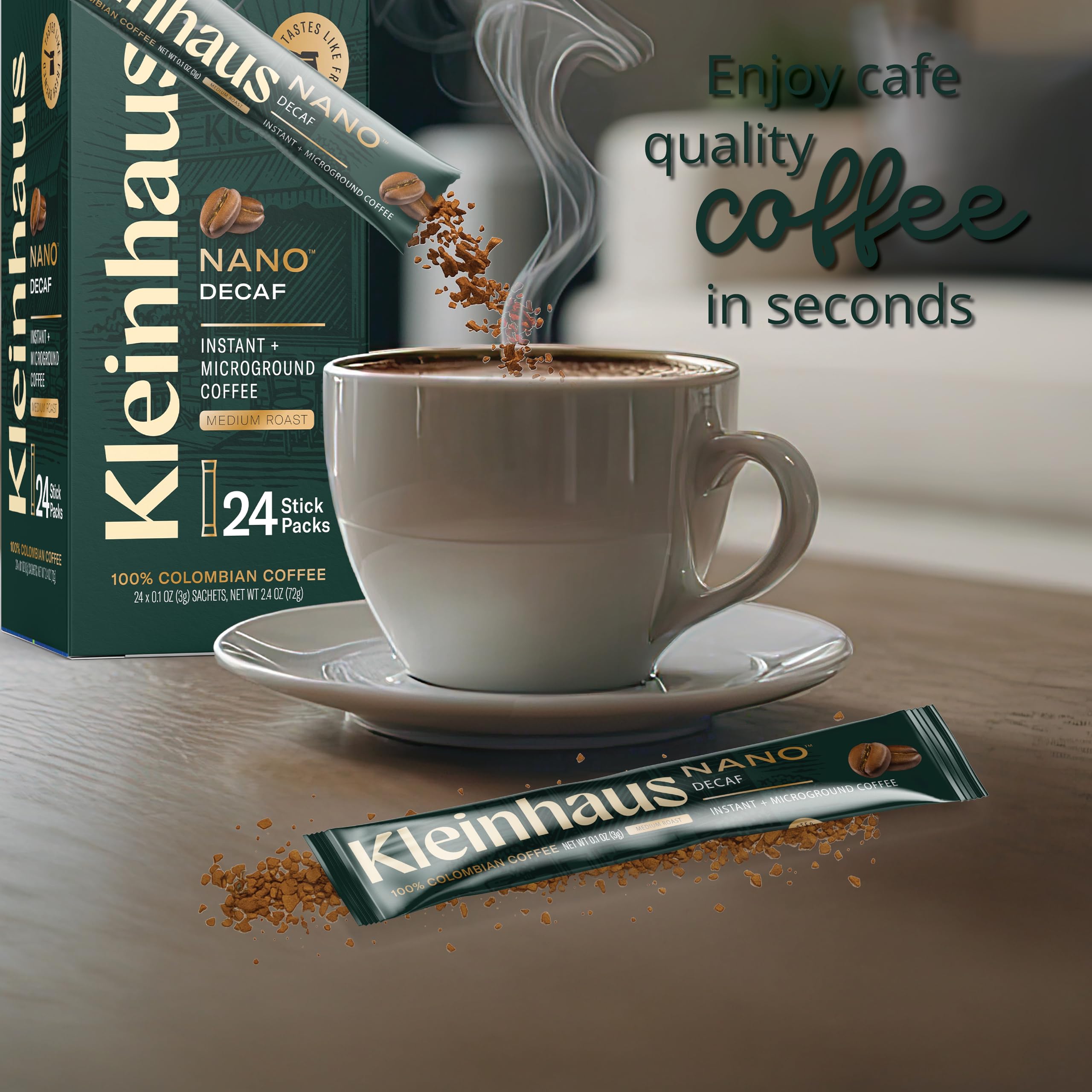 Kleinhaus Organic Medium Roast Nano Single-Serve Instant Coffee + Microground | 100% Colombian Arabica Coffee | Freeze dried | Fresh Brewed Taste | 24 Packets