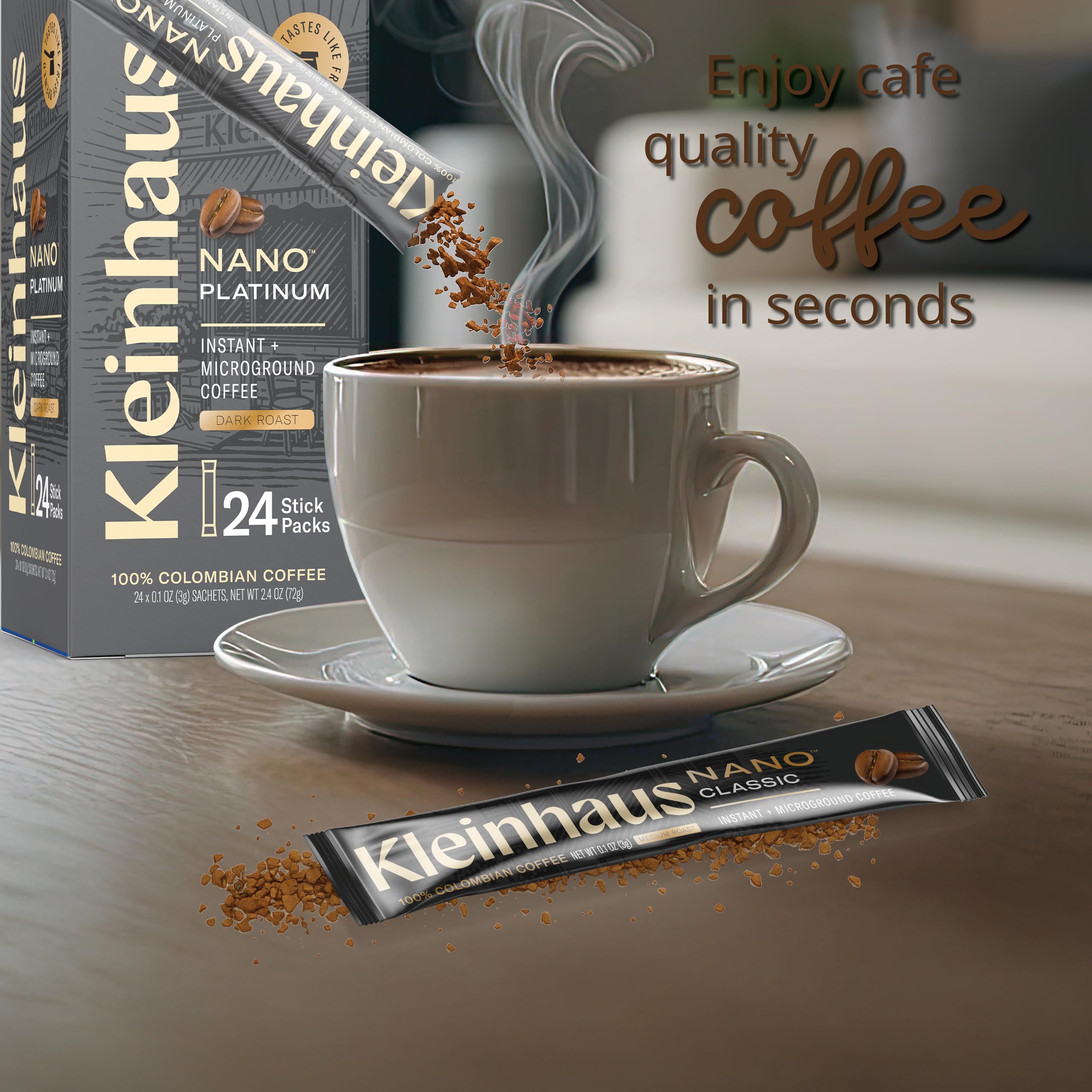 Kleinhaus Organic Medium Roast Nano Single-Serve Instant Coffee + Microground | 100% Colombian Arabica Coffee | Freeze dried | Fresh Brewed Taste | 24 Packets