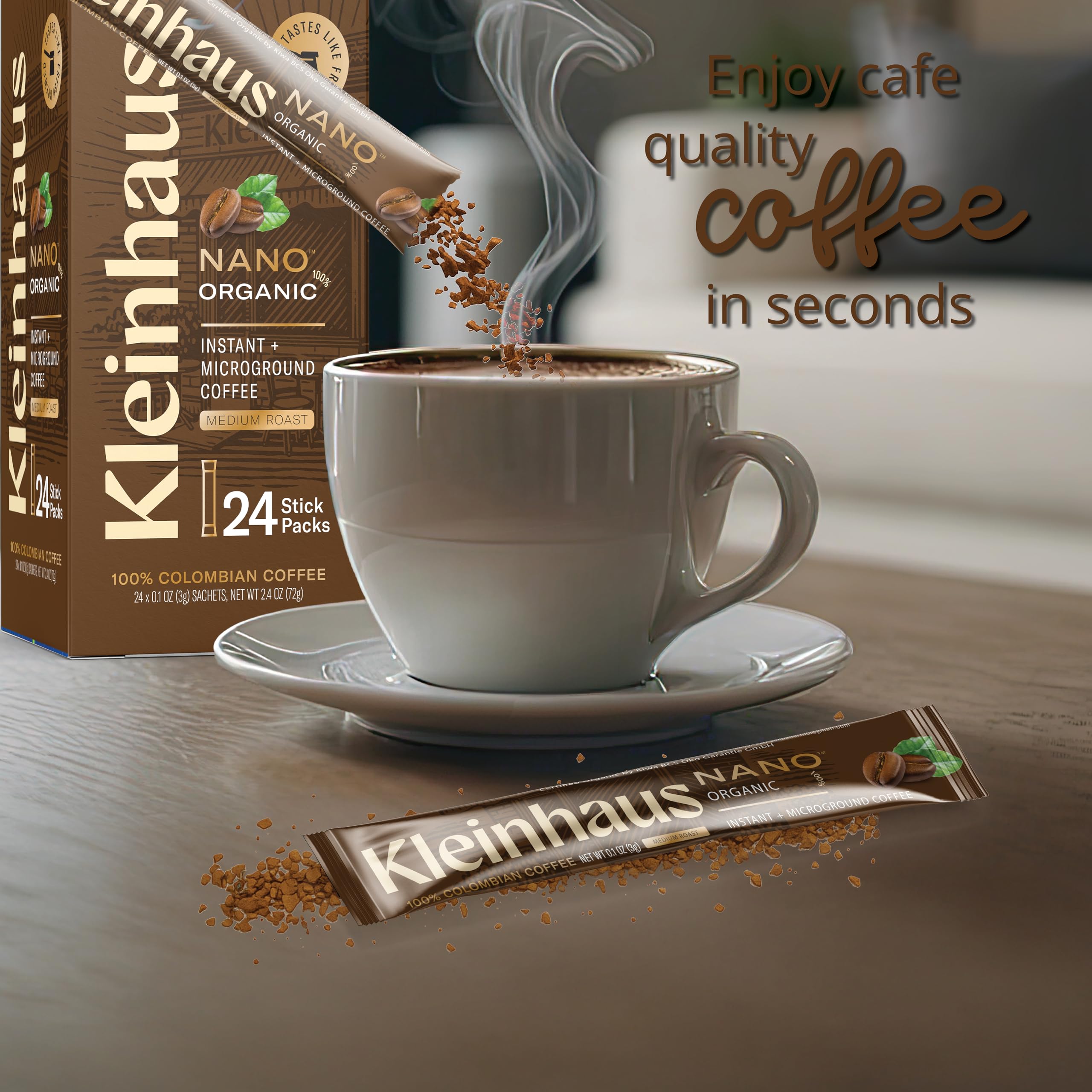 Kleinhaus Organic Medium Roast Nano Single-Serve Instant Coffee + Microground | 100% Colombian Arabica Coffee | Freeze dried | Fresh Brewed Taste | 24 Packets