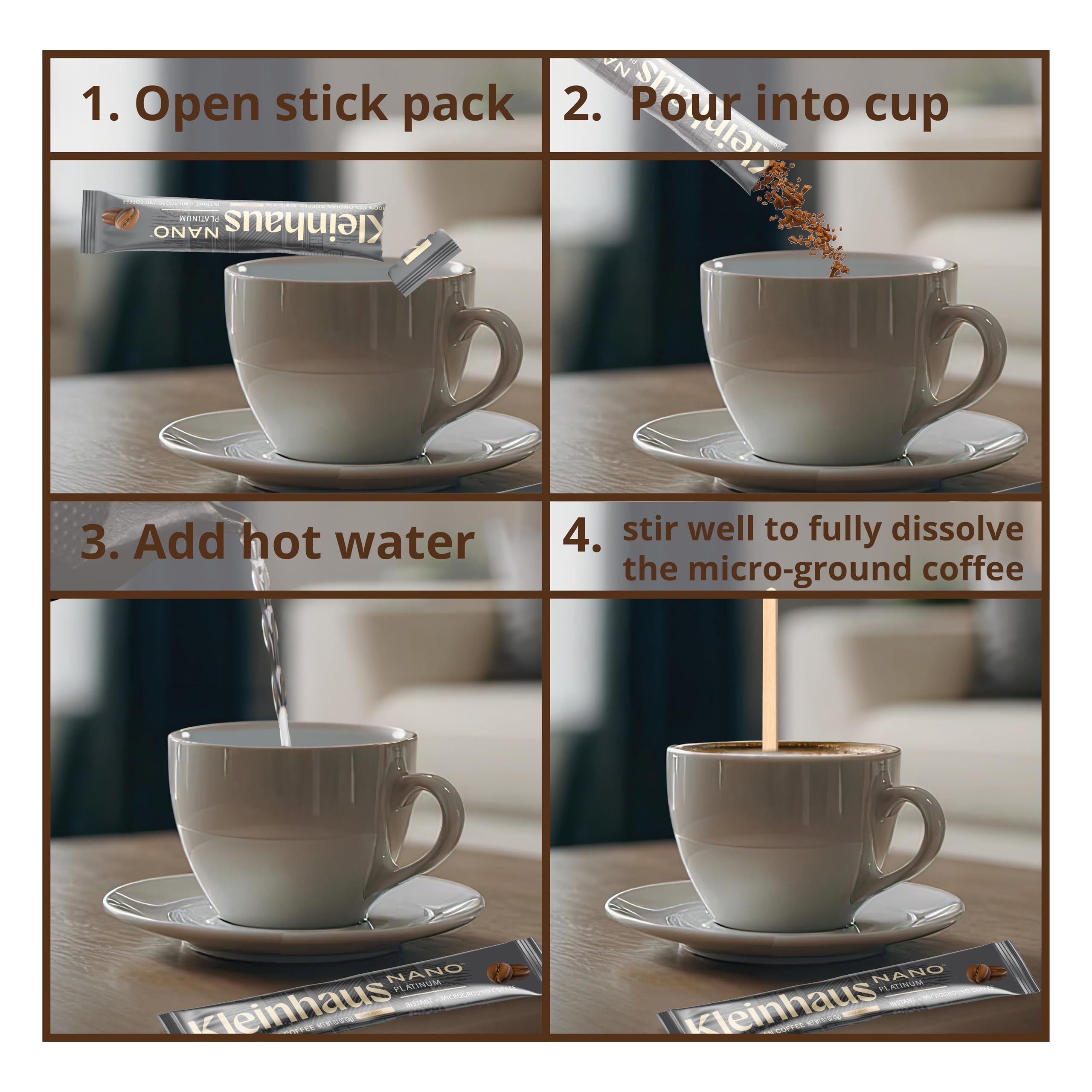 Kleinhaus Organic Medium Roast Nano Single-Serve Instant Coffee + Microground | 100% Colombian Arabica Coffee | Freeze dried | Fresh Brewed Taste | 24 Packets