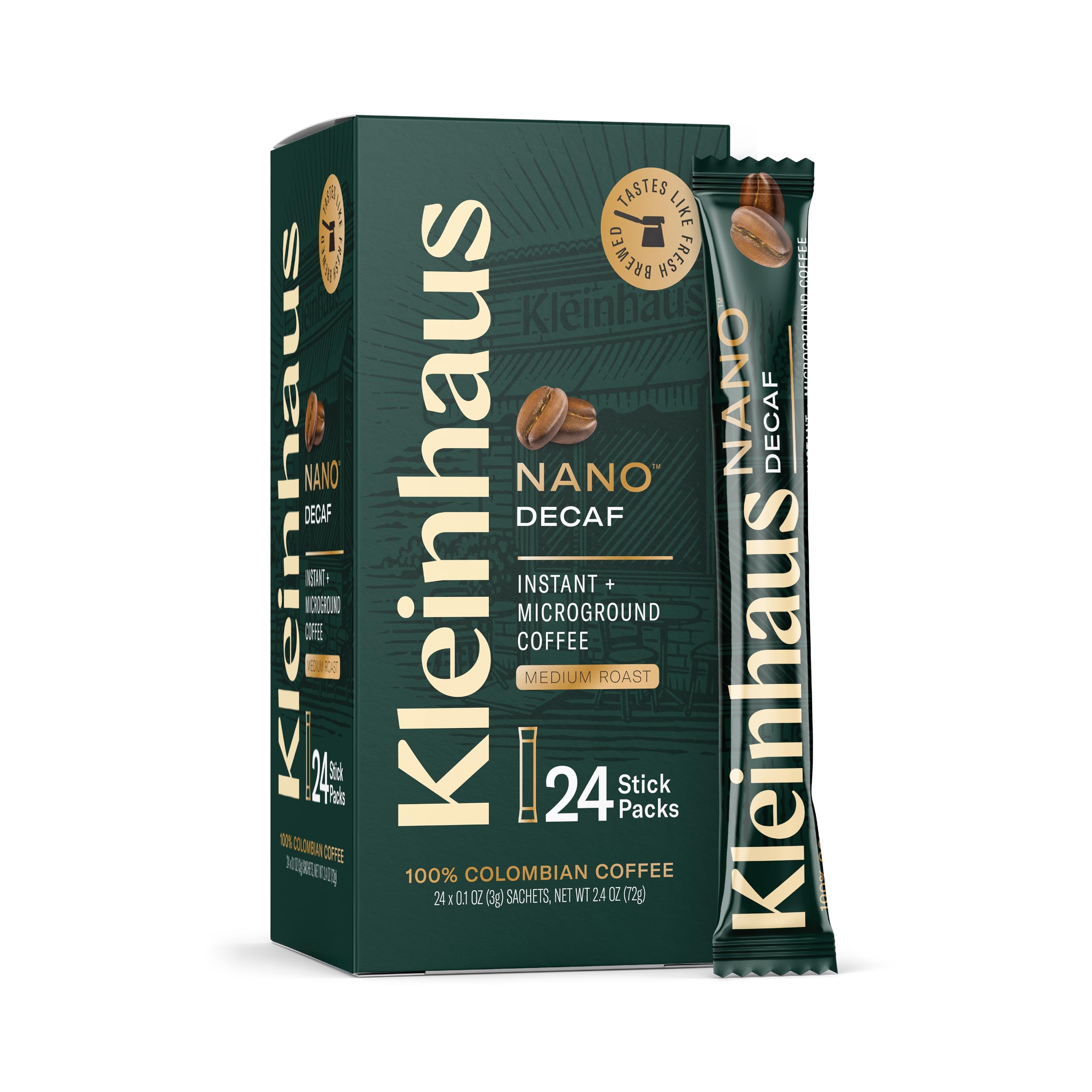 Kleinhaus Organic Medium Roast Nano Single-Serve Instant Coffee + Microground | 100% Colombian Arabica Coffee | Freeze dried | Fresh Brewed Taste | 24 Packets