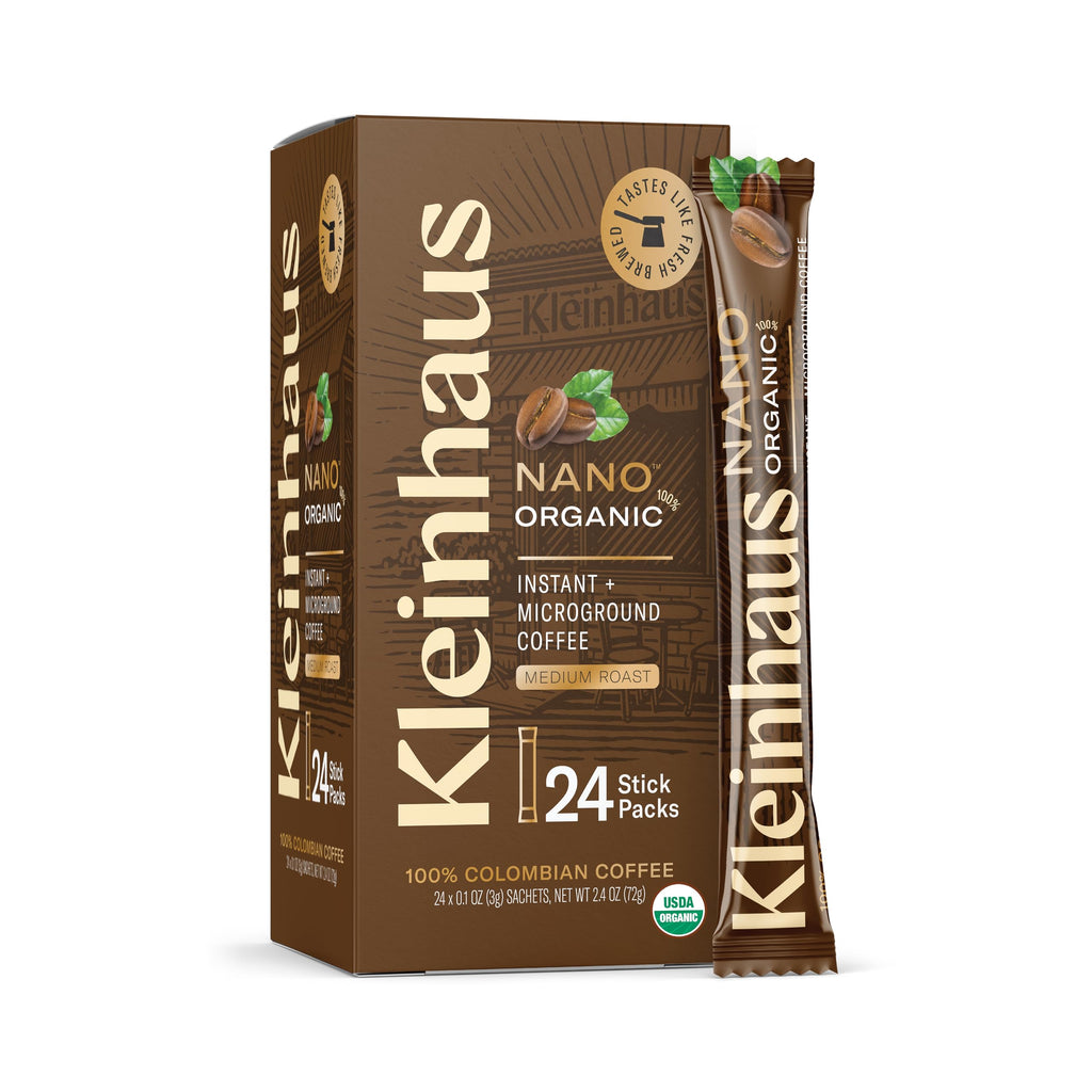 Kleinhaus Organic Medium Roast Nano Single-Serve Instant Coffee + Microground | 100% Colombian Arabica Coffee | Freeze dried | Fresh Brewed Taste | 24 Packets