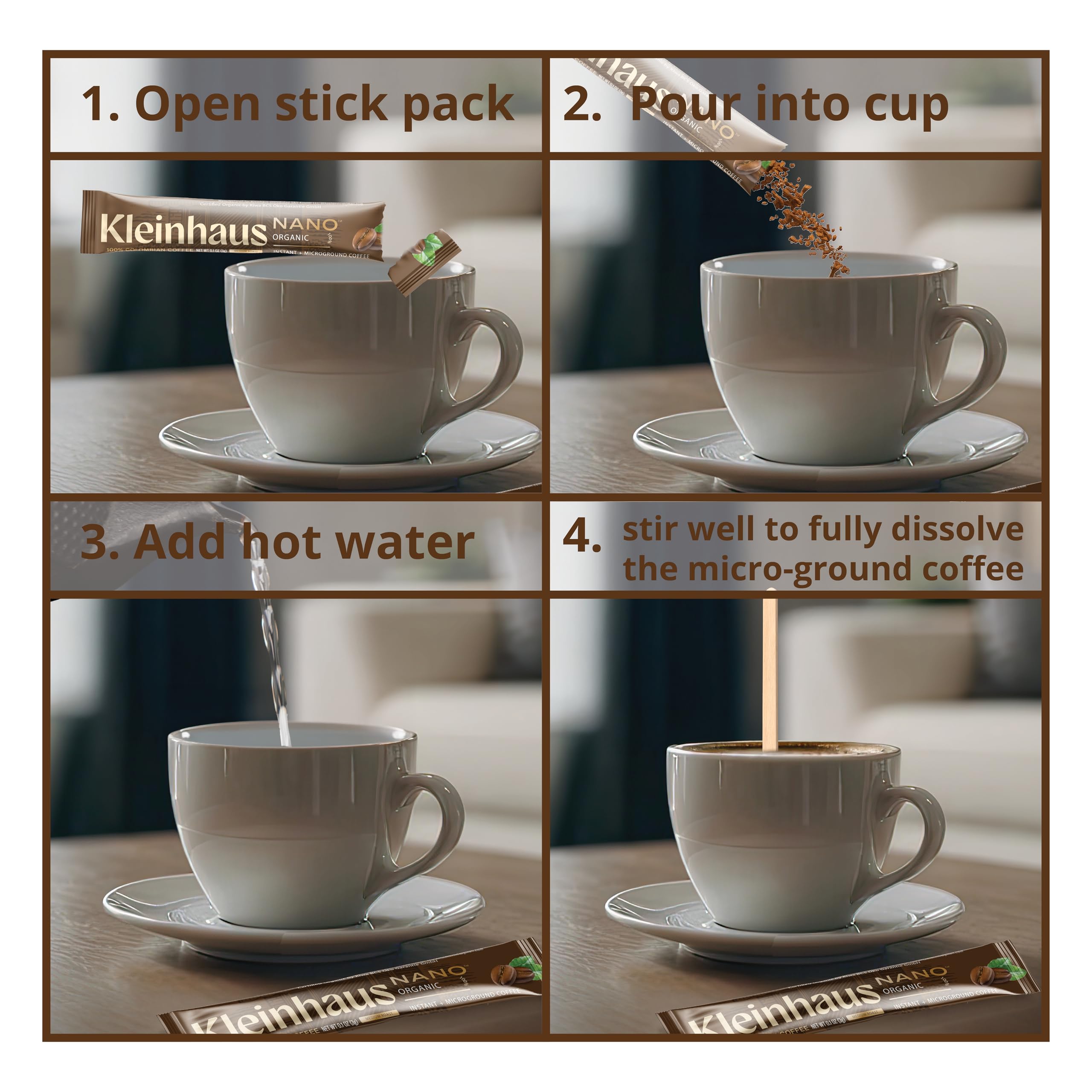 Kleinhaus Organic Medium Roast Nano Single-Serve Instant Coffee + Microground | 100% Colombian Arabica Coffee | Freeze dried | Fresh Brewed Taste | 24 Packets