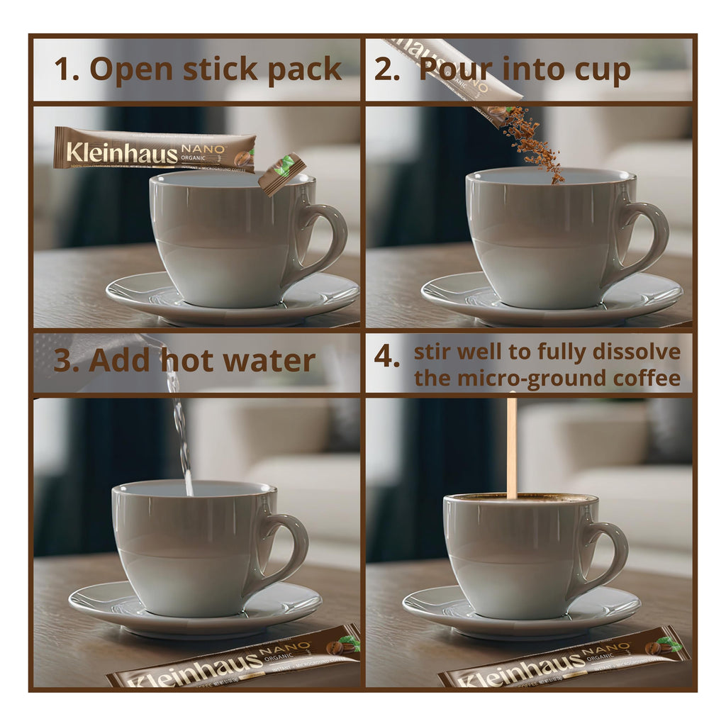 Kleinhaus Organic Medium Roast Nano Single-Serve Instant Coffee + Microground | 100% Colombian Arabica Coffee | Freeze dried | Fresh Brewed Taste | 24 Packets