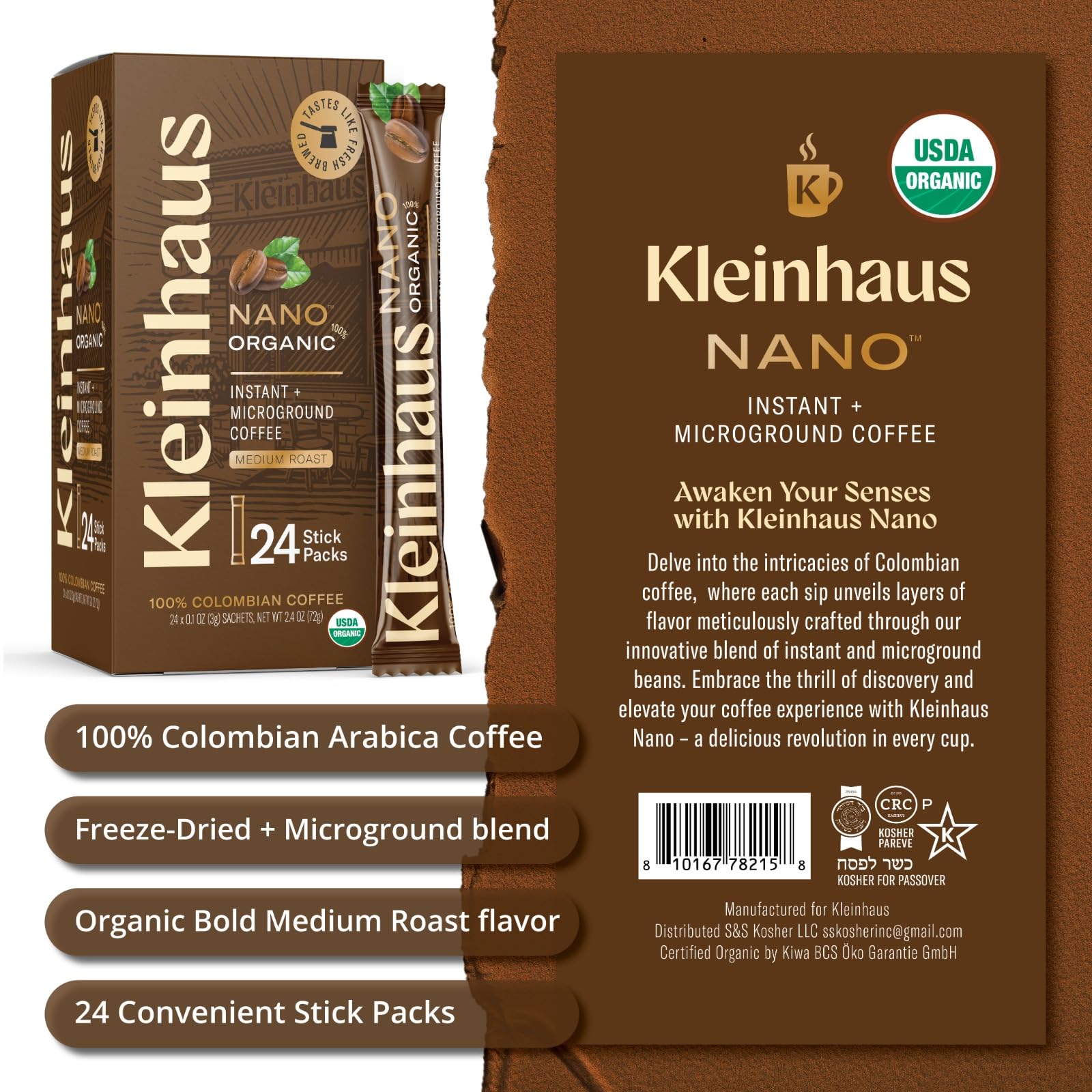 Kleinhaus Organic Medium Roast Nano Single-Serve Instant Coffee + Microground | 100% Colombian Arabica Coffee | Freeze dried | Fresh Brewed Taste | 24 Packets