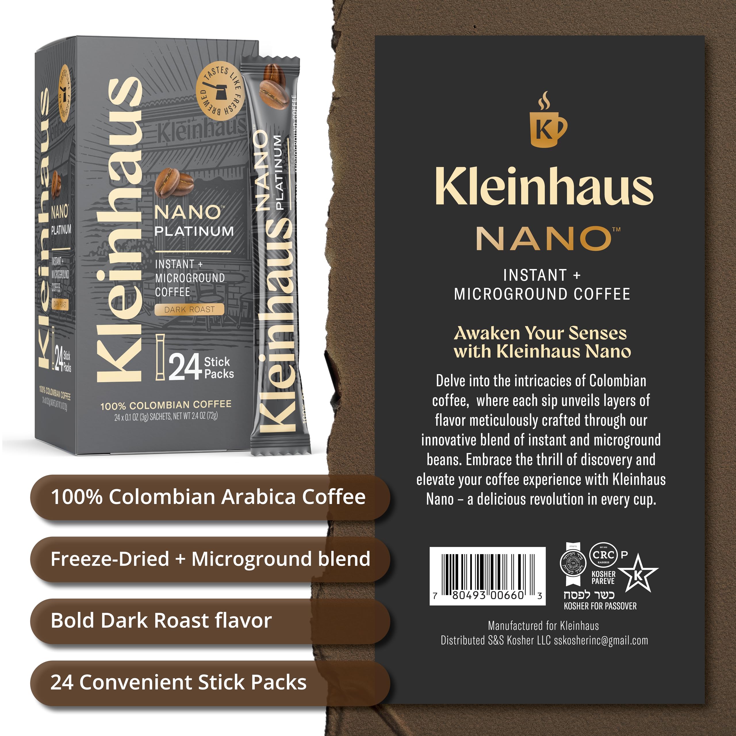 Kleinhaus Organic Medium Roast Nano Single-Serve Instant Coffee + Microground | 100% Colombian Arabica Coffee | Freeze dried | Fresh Brewed Taste | 24 Packets