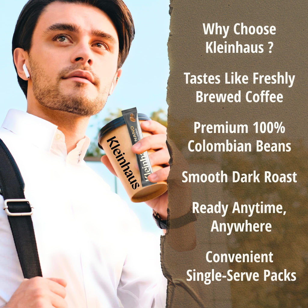 Kleinhaus Organic Medium Roast Nano Single-Serve Instant Coffee + Microground | 100% Colombian Arabica Coffee | Freeze dried | Fresh Brewed Taste | 24 Packets